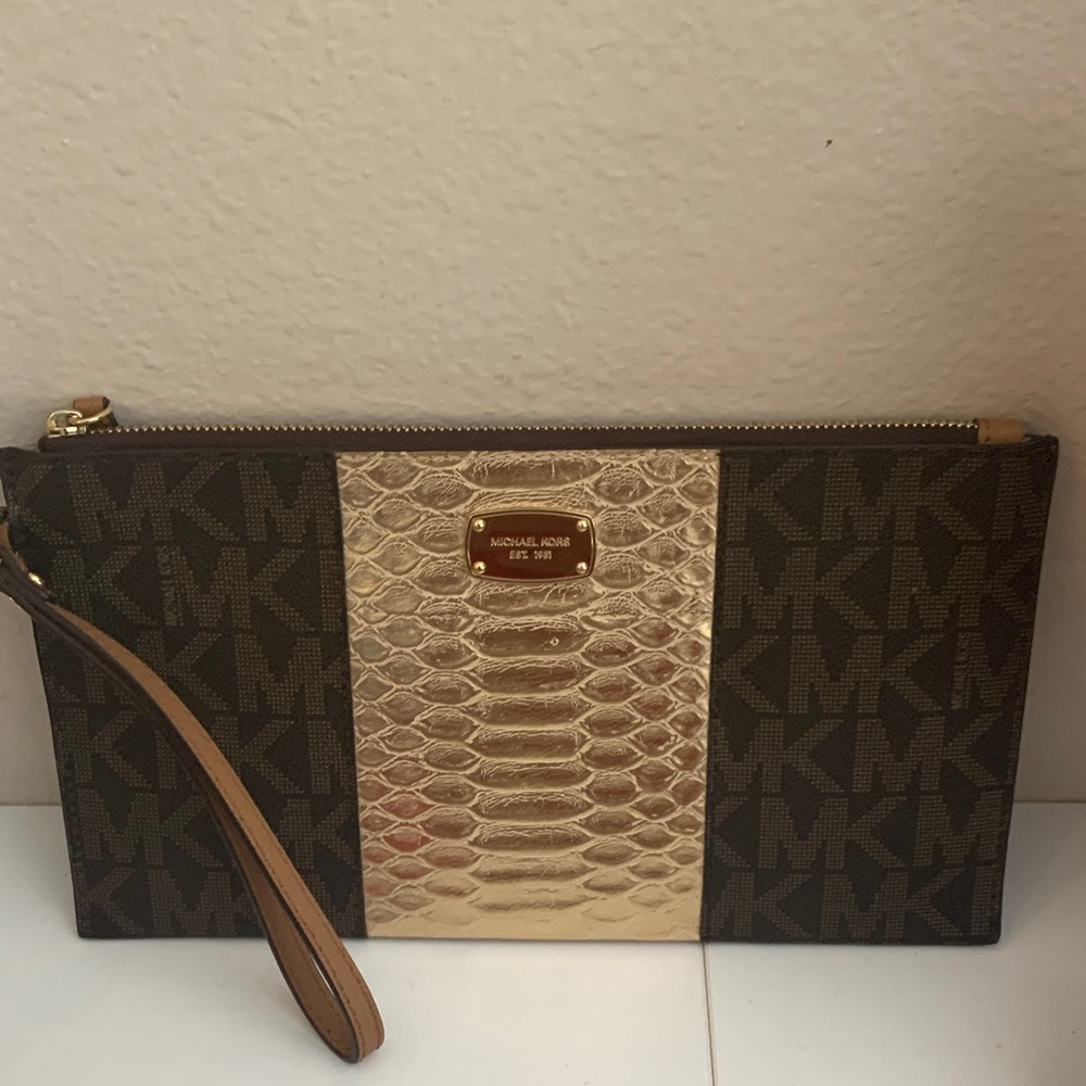 Michael Kors Gold and Brown Clutch/ Wristlet